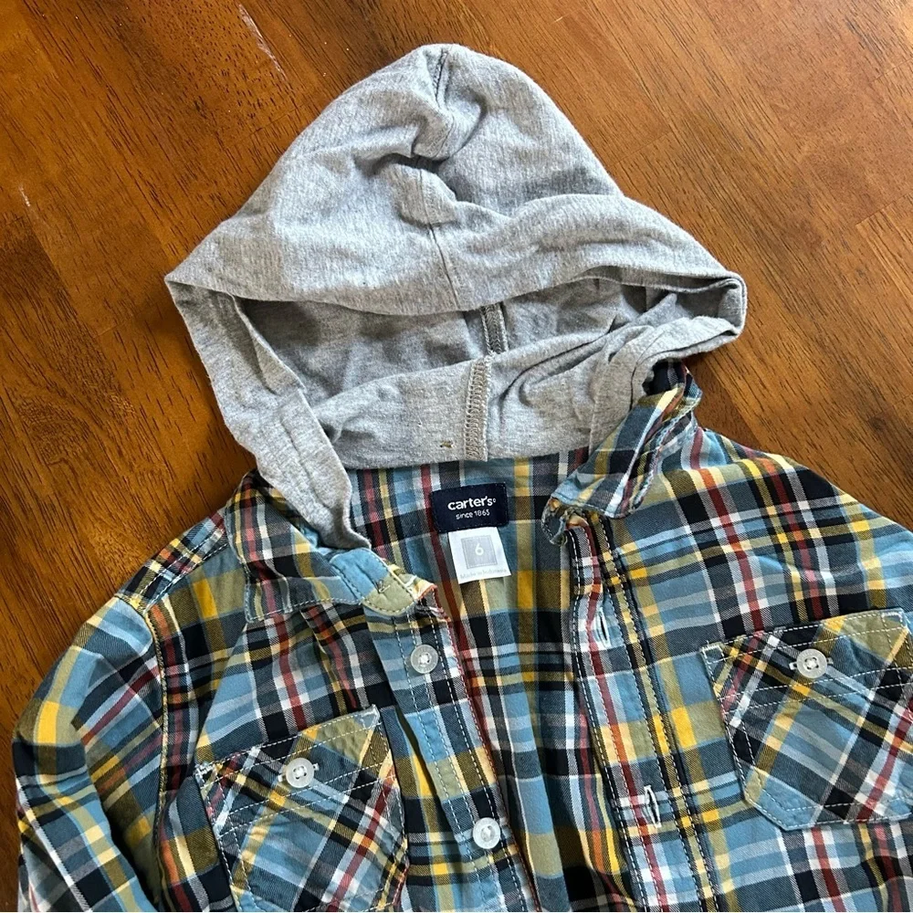 Plaid Hooded Button-Down Shirt Jacket | Boy Size 6 | Blue Yellow Gray | Carter’s